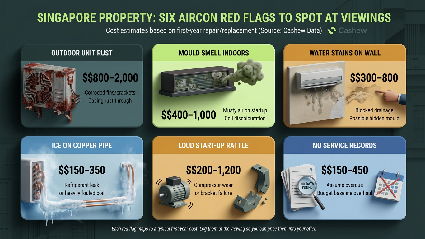 Six aircon red flags to check at a property viewing, each mapped to a typical first-year cost